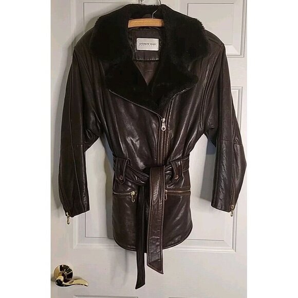 Andrew Marc Addition Women Brown Bomber Leather Jacket Faux Fur Collar Small VTG - Picture 4 of 16